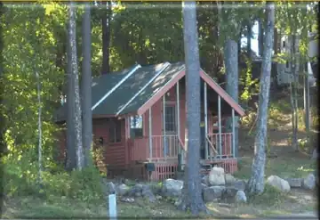 Rustic lakefront cottage rental nestled among tall pines with a covered porch