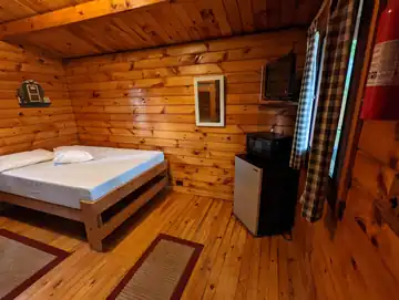 Interior of Rustic Cabin equipped with a mini-fridge, microwave, flat-screen TV, and double bed
