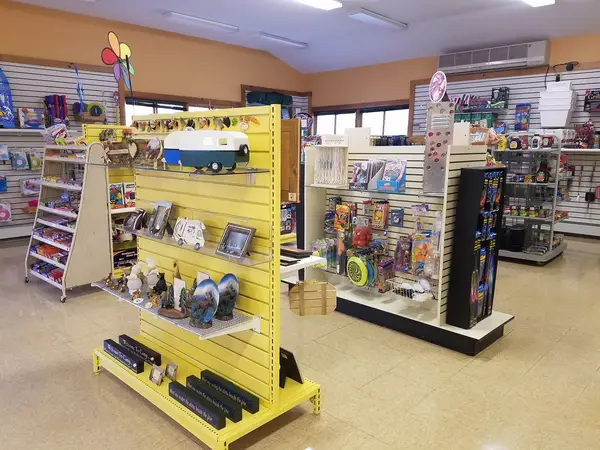 Interior of the Barrington Shores camp store stocked with RV supplies, souvenirs, and camping essentials
